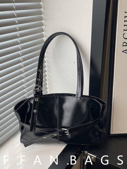 1pc Vintage Large Capacity Tote Bag, Commuter Oversized Underarm Bag, Fashion Motorcycle Wine Red Women's Bag, PU Solid Oiled Wax Leather, Strap Decor, Zipper Closure, Burgundy, Outdoor Office Ladies Shoulder Bag, College Student Backpack, Short Trip, Vacation, Gift, Valentine's Day, Souvenir, Gift For Girlfriend, Birthday Gift, Shopping, Business, Best Choice, Suitable For Daily Use