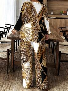 1 Set Luxury Attribute Woven Fabric Structured & Stylish Women's Daily Outing Summer Birthday Gift Color Block Leopard Print Gold Chain Print Women's Plus Size Two-Piece Set - 彩色 - 查看 3