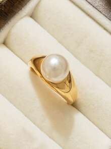 Mazuer 1 chiếc nhẫn mạ vàng 18K đính ngọc trai giả, kiểu dáng tối giản thanh lịch bằng thép không gỉ, thích hợp làm nhẫn đính hôn, hẹn hò, đeo hàng ngày hoặc quà cưới cho nữ. - Ngọc trai - Xem 11