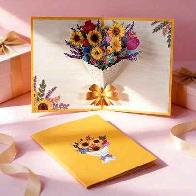 1pc 3D Floral Greeting Card, Sunflower Bouquet Celebration Card, Creative 3D Sunflower Bouquet Greeting Card, Handmade Paper Carving Card, Holiday Gift For Teacher, Women