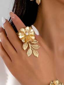 1pc Elegant Floral Design Faux Pearl Inlaid Vintage Adjustable Ring, Suitable For Women's Party/Wedding Wear - Flower Ring - View 6