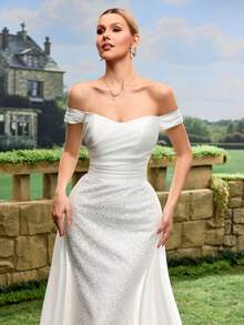Women's Off-Shoulder Elegant Romantic Floor-Length Wedding Dress - White - View 11