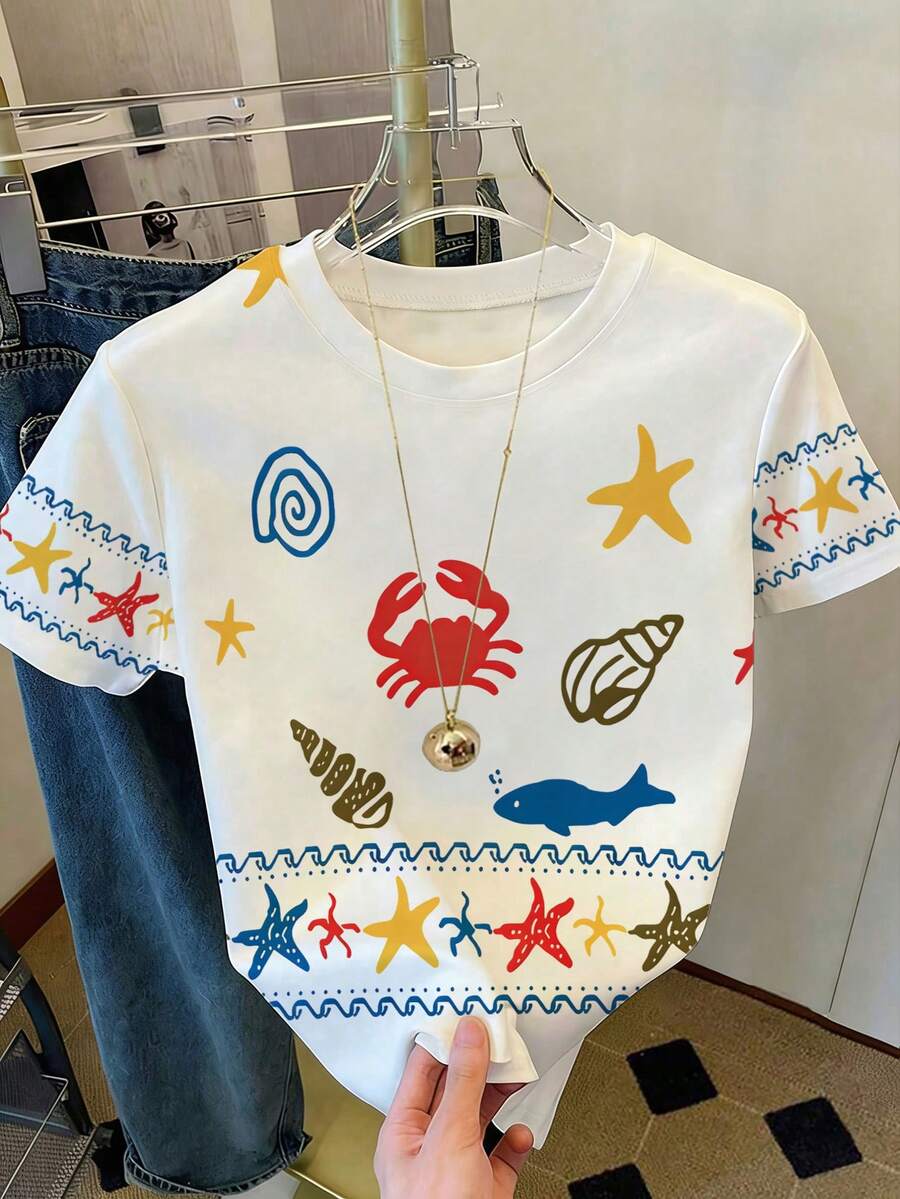 女士休闲圆领短袖T恤，饰有贝壳、螃蟹、海星印花，适合夏季海滩度假穿着 - 彩色 - 查看 1