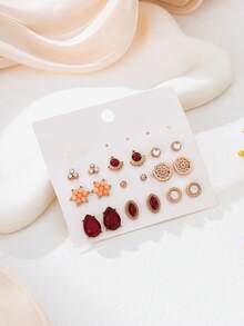 18pcs Elegant Luxury Earring Set, Simulated Ruby Inlaid Earrings, Delicate Versatile For Women's Daily Wear, Party, Date - Earring Set - View 4