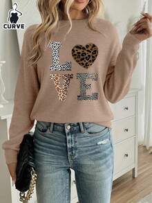 Leopard Muster LOVE Buchstaben Oversized Lässiges und modisches T-Shirt, bequem und warm für Herbst/Winter, Schul-Ideen, Schul-Grundausstattung, erster Schultag, 2026 - Kamelfarben - Übersicht 4