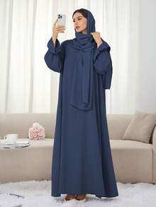 1pc Soft Dress With Attached Hijab, Floral Sleeve Design, Classic Versatile Abaya Spring - Multicolor - View 46
