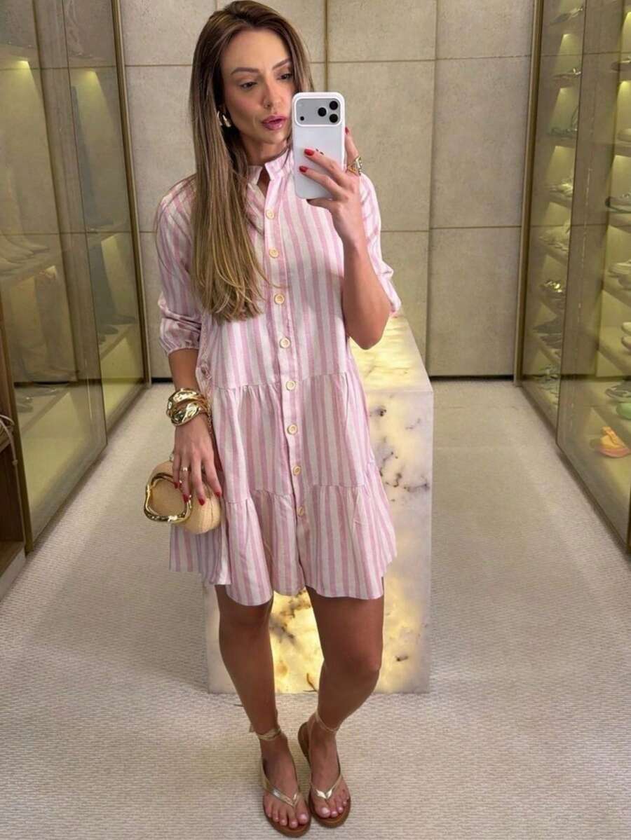 Midi Flared Shirt Dress With Mandarin Collar, High Button-Down Shirt, Linen Beach Cover-Up With Long Sleeves, Ruffled Trim, And Striped Design. - Rosa - View 1