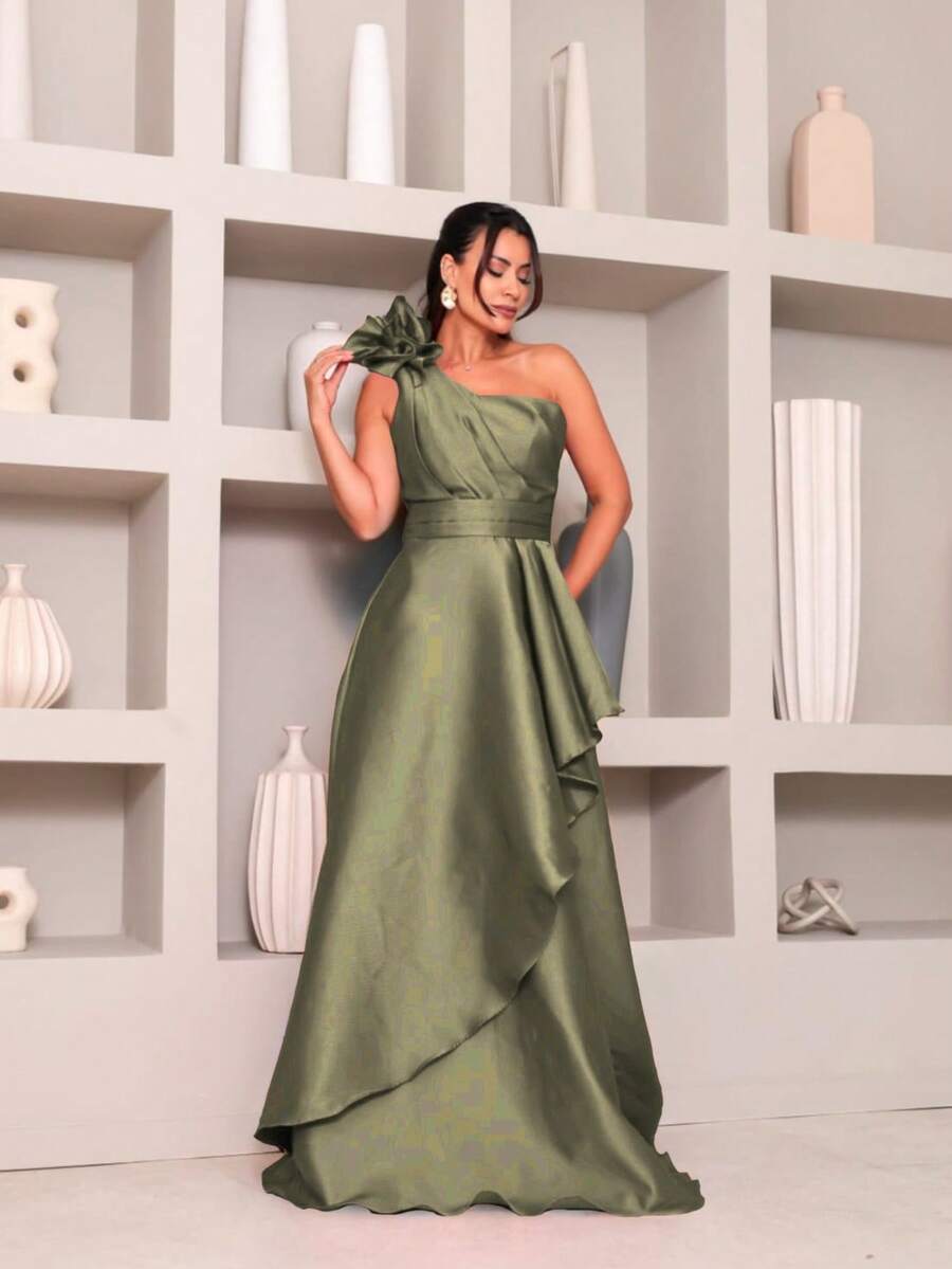 Long Dress With Flower For Graduation, Party, Wedding, Evening. - Olive Green - View 1