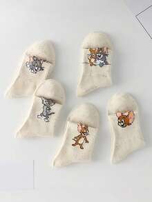 5 Pairs Women's Socks - Warner Bros Cartoon Cat & Mouse Animal Pattern, Made Of Polka Dot Mesh Fabric, Breathable & Moisture-Wicking, Suitable For Couples, Autumn/Winter, Everyday Wear - Multicolor - View 4