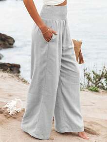Plus Size Women's Solid Color Summer Vacation Casual Wide Leg Loose Pants Spring - Gray 2 - View 3