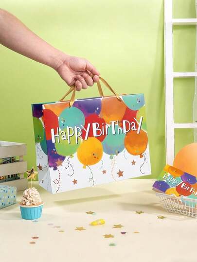 5pcs/Set Colorful Birthday Gift Bag, Balloon Pattern With "Happy Birthday" Text, Matching Gift Wrap, Card, Perfect For Birthday Gifts, Ideal Birthday Gift Packaging Bag, Gift Bag Size 13" X 5" X 10"