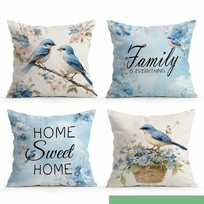 4pcs Countryside Spring Floral, Bird & Plant Blue Series Pattern Single-Sided Printed Throw Pillow Covers, Decorative Pillow Covers Suitable For Living Room, Sofa, Bedroom, Pillow Insert Not Included