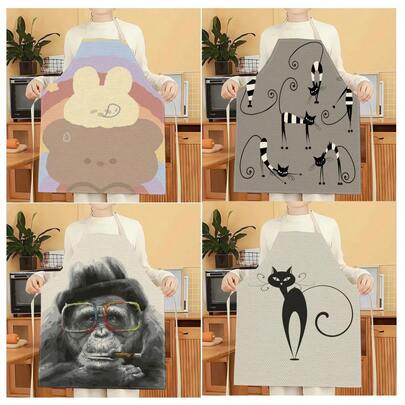 1 قطعة مريلة مطبوعة بنمط القرد والقطة، مريلة مطبوعة إبداعية وطريفة وأنيقة، مريلة تنظيف المنزل، مريلة طبخ سهلة التنظيف للمطبخ، مريلة منزلية إبداعية