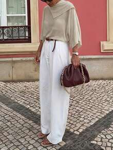 Asymmetrical Knit Batwing Sleeve Regular Length Top For Women - Khaki - View 2