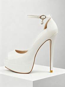 MERUMOTE New Women's Platform Stiletto Pumps Peep Toe 6"/15CM High Heels Ankle Strap Heeled Sandals Shoes For Party Wedding Prom - 白色 - 查看 2