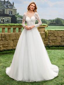 Váy cưới tay dài, thêu ren tinh tế, chân váy voan bồng bềnh, váy cưới trắng, váy cưới kiểu nhà thờ, váy cưới gợi cảm mùa xuân - trắng - Xem 11