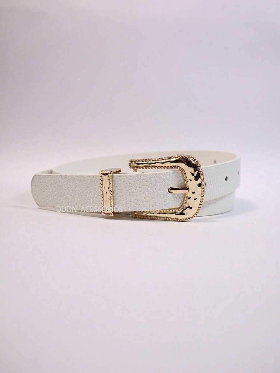 Women's Thin Belt With Vintage Gold Buckle, Elegant Adjustable PU Leather Belt For Dresses, Jeans, And Women's Fashion - 白色 - 查看 1