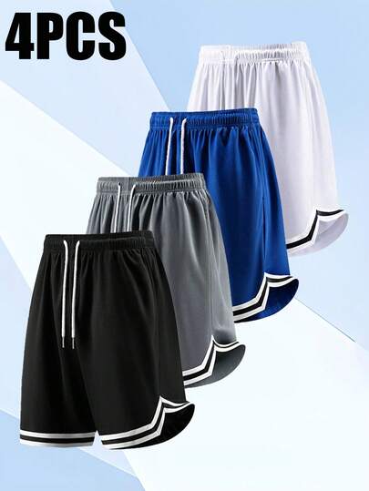 4pcs Men's Casual Sports Mesh Basketball Shorts, Quick-Dry Elastic Fashionable Outdoor Shorts For Men & Women