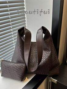 时尚女士新月形编织单肩包，PU皮革斜挎包带零钱包，新款时尚大容量女士包 - 棕色 - 查看 9