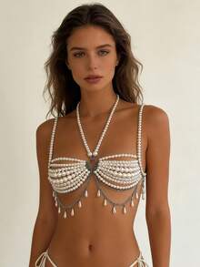 Pearl Chain Bra Beaded Tassel Halter Camisole Body Chain Jewelry For Women Rave Nightclub Party Outfit - White - View 5
