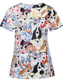 Blusa de enfermera de manga corta con cuello en V y estampado de perro de dibujos animados, con bolsillos, para primavera/verano - Multicolor - Ver 2