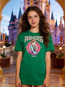 Disney Authorized Women's Casual Short Sleeve T-Shirt, Frozen Anna "PRINCESS ANNA" Retro Print, Sweet Princess Style, Breathable Comfortable Fabric, Machine Washable, For Daily & Theme Park Wear - Green - View 1
