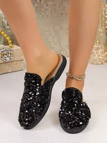 Women's Fashionable Versatile Sequin Flat Loafers - Black - View 4
