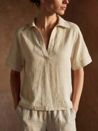 Women's Beige Faux Linen Crinkled Fabric Blouse - Polo Collar Split V-Neck Short Sleeve Rolled Cuff Loose Fit Top, Summer Outfits, Vacation Beach Wear, Boho Casual Streetwear, Office Work Blouse, Spring Daily Holiday Wear, Minimalist Elegant Top
