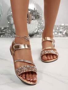 Women's Spring/Summer New European & American Middle East Fashion Casual Rhinestone Sequin Round Toe Open Toe Slip-On Beach Sandals Flat Slippers - Champagne - View 4