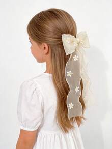 1个女孩精致网纱刺绣花朵蝴蝶结发夹 - 米色 - 查看 5