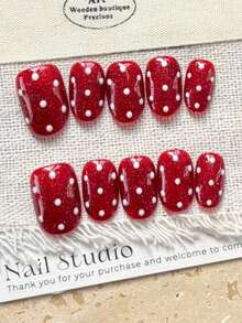 10 pegatinas de uñas hechas a mano. Con destellos de color rojo, brillantes de imitación, lunares lindos y efecto de ojo de gato. Adorables pero juguetones, estas pegatinas son removibles y reutilizables. Perfectas para mujeres, un gran regalo o para ocasiones especiales y uso diario. Uñas postizas hechas a mano - Rojo - Ver 3