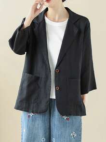 Women's Tailored Jacket, 3/4 Sleeve, Linen Blend, Lightweight, Spring And Summer Outerwear, Casual Jacket, 3/4 Sleeve Outerwear, Perfect For Work Or Casual Wear - đen - Xem 3