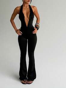 WOWDARK 女士夏季连体裤，黑色深V钩编设计露背吊带修身休闲连体裤，适合狂欢节、约会、聚会、派对、旅行、度假、海滩等场合。 - 黑色 - 查看 2