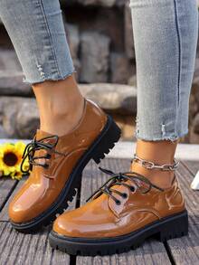 时尚厚底粗跟黑色真皮鞋，英伦风休闲系带女鞋 - 黃色 - 查看 1