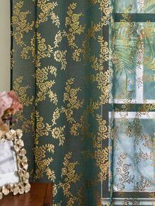 1件柔软轻盈半透明波西米亚风花卉图案高端橄榄绿薄纱窗帘，卧室/客厅圆形孔眼设计，便携式半透明耐用金色花朵装饰薄纱窗帘 - 墨綠色 - 查看 3