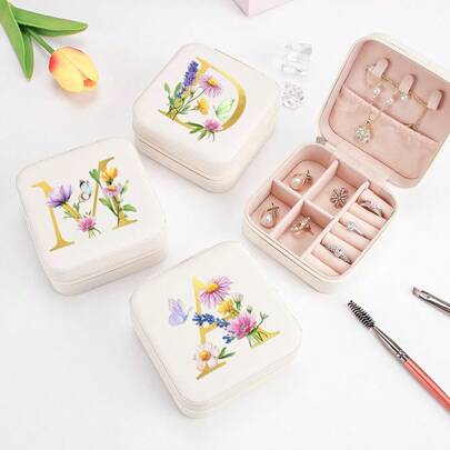 1个蝴蝶花朵图案迷你旅行白色首饰盒收纳盒礼品盒，适用于女士首饰，可装耳环、项链等，PU皮革材质，尺寸10厘米*5厘米