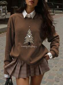 豹纹圣诞树图案，圣诞快乐，女士休闲时尚优雅仿毛衣，精致派对，舒适家庭聚会，日常休闲穿着 - 棕色 - 查看 4