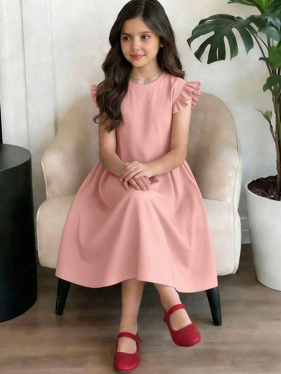 Teenage Girls' Mid-Length Dress, Casual Minimalist Style Black Ruffle Sleeve Dress, Cute & Elegant Children's Dress, Suitable For Spring & Summer - Pink - View 1