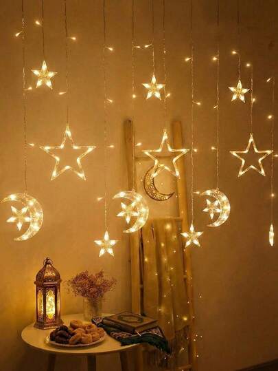 LED Star Moon Curtain Lights, Suitable For Eid Mubarak And Ramadan Home Decor, Romantic Wedding Party Backdrop, Warm White Battery Operated Twinkling Star Moon Fairy Outdoor Lights, Bridal Shower And Engagement Party Decor, Boho Sparkling Bright Window LED String Lights, Crescent Moon Star Hanging Lights For Eid Mubarak Gifts, Islamic Ramadan Holidays Home Decor, 2 Lighting Modes, Applicable For Bedroom Wall, Birthday Party, Yard Lawn, Restaurant, Exhibition, Office, Ramadan Decoration, Eid Al-Fitr And Eid Al-Adha