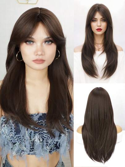 Peluca sintética de fibra recta con capas de 24 pulgadas de largo y flequillo, adecuada para uso diario o fiestas.