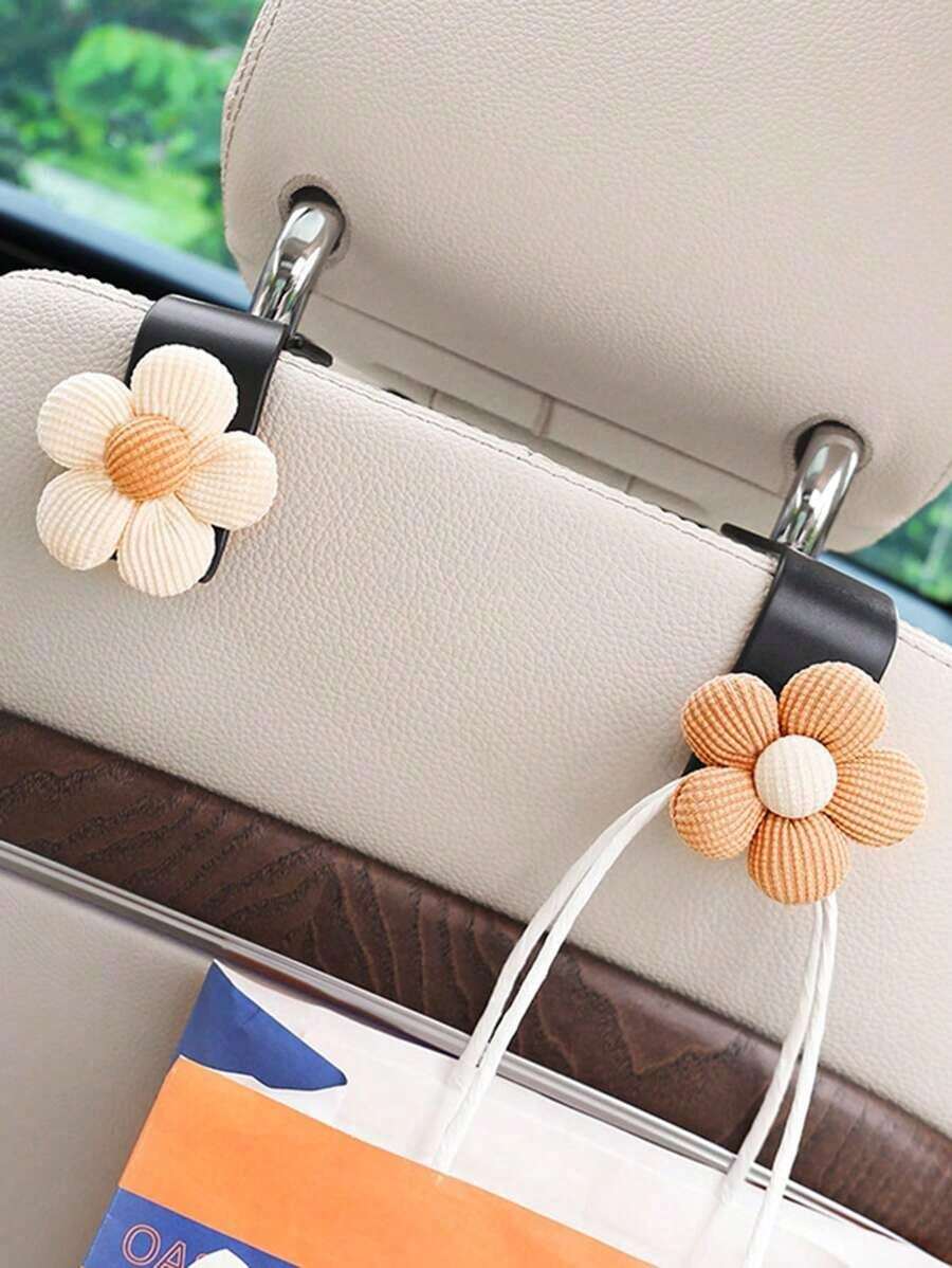 2pcs Car Hook Multifunctional Elegant Small Flower Backrest Storage Car Interior Supplies - 米色五瓣花 - 查看 1