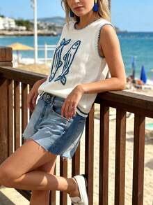 Camiseta de punto sin mangas con estampado de peces y ribete de color contrastante, para mujer, estilo casual de vacaciones, primavera/verano, color blanco - Blanco - Ver 9
