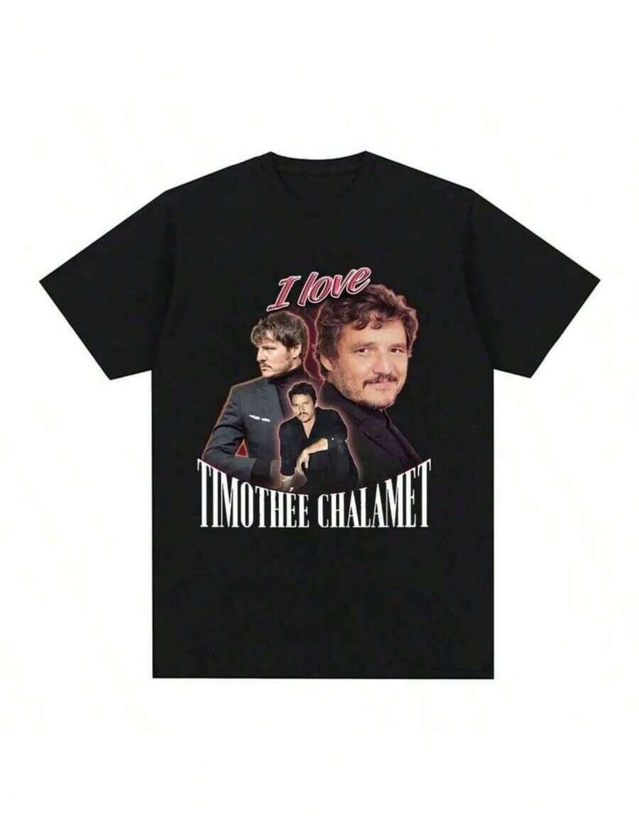 Funny I Love Timothee Chalamet Pedro Pascal Graphic T Shirt Womens  Cozy Short Sleeve Oversized T-Shirts Streetwea - 黑色 - 查看 1
