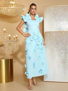 Đầm dài dự tiệc trang trọng mới về, thiết kế xếp ly, họa tiết hoa 3D thanh lịch, không tay, dành cho nữ, thích hợp dự đám cưới, làm phù dâu, dự tiệc hoặc các dịp buổi tối. - Màu xanh nhạt - Xem 1