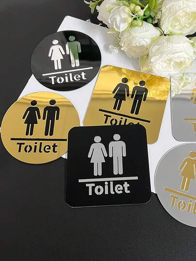 1 pieza Espejo decorativo redondo/cuadrado con letrero "TOILET", Adhesivo de pared 3D en relieve de 10*10cm para baño, aseo, lavabo