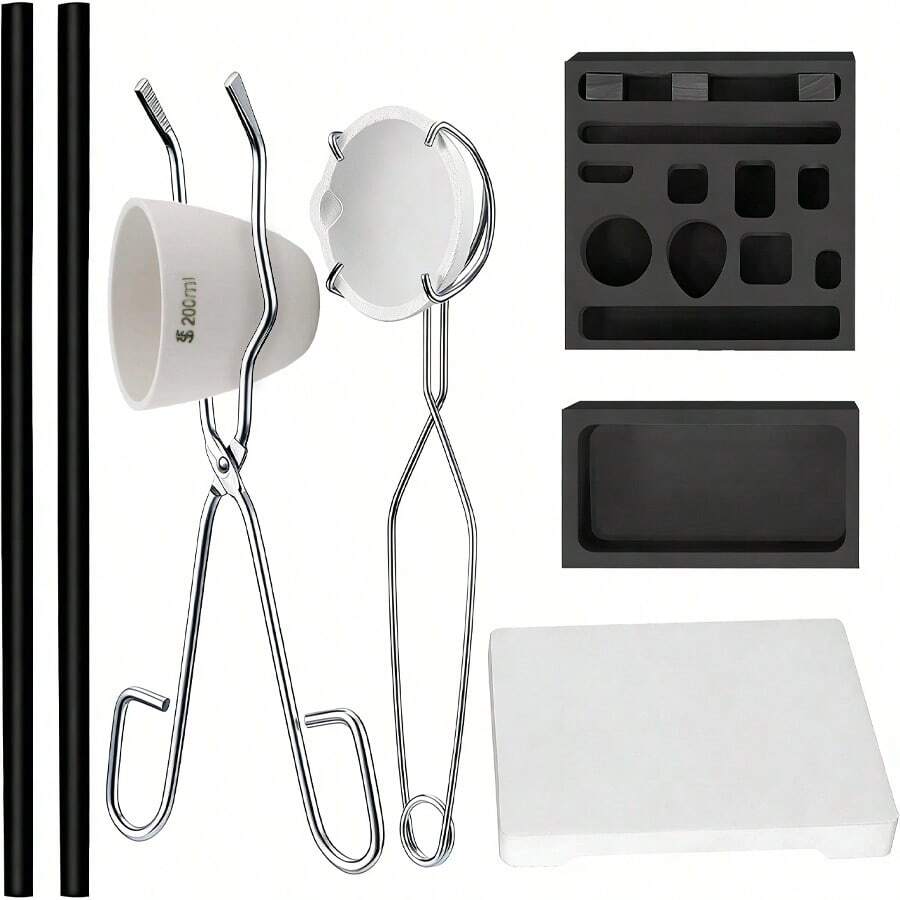 KLONKEE 9件套陶瓷喷枪熔炼铸造套装，包含2根坩埚搅拌棒 | 铸造模具 | 11合1锭模 | 石英板 | 陶瓷坩埚 | 陶瓷碗 | 坩埚碗夹，金属熔炼铸造套装