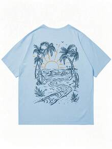 Coastal Men's Vacation Style Island Element Printed Short Sleeve T-Shirt, Suitable For Summer Wear, Comfortable & Breathable, Leading Fashion - Baby Blue - View 5