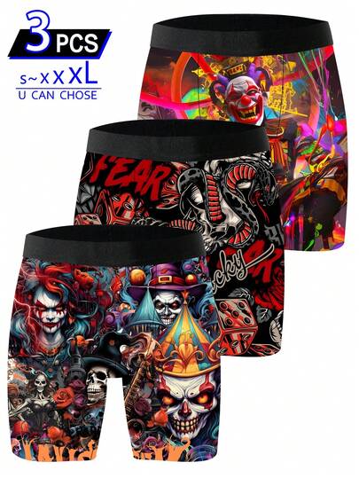 paquete de 3 pantalones cortos de novedad para hombres, calzoncillos de hombre con estampado temático de payaso estrafalario, ropa interior estampada de estilo urbano creativo, de tejido de punto, de secado rápido y transpirable, suave y amigable con la piel, pantalones cortos deportivos y casuales para hombres.