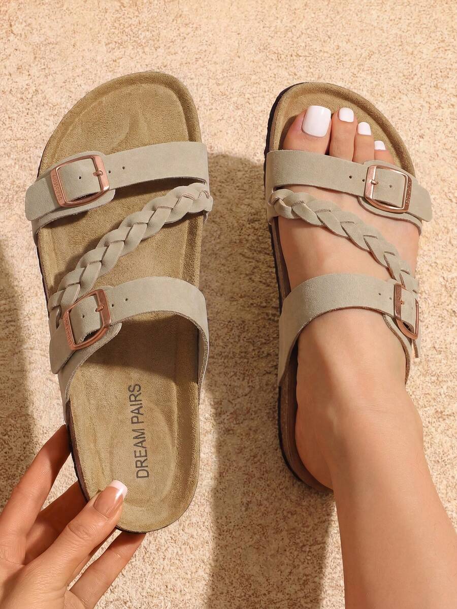 Women Slingback Flats Sandals Open Toe Cork Footbed Slides Sandals Slip-On Adjustable Buckle Braided Strap For Summer Beach Vacation Comfortable Walking Shoes - 卡其色 - 查看 1