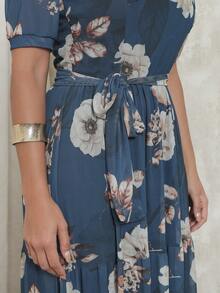 Long Tulle Dress With Square Neckline And Short Sleeves. - Navy Blue - View 4